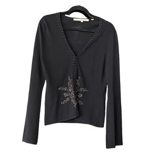 Max Studio Women’s Size Medium Black Beaded Cardigan Sweater Embellished V Neck